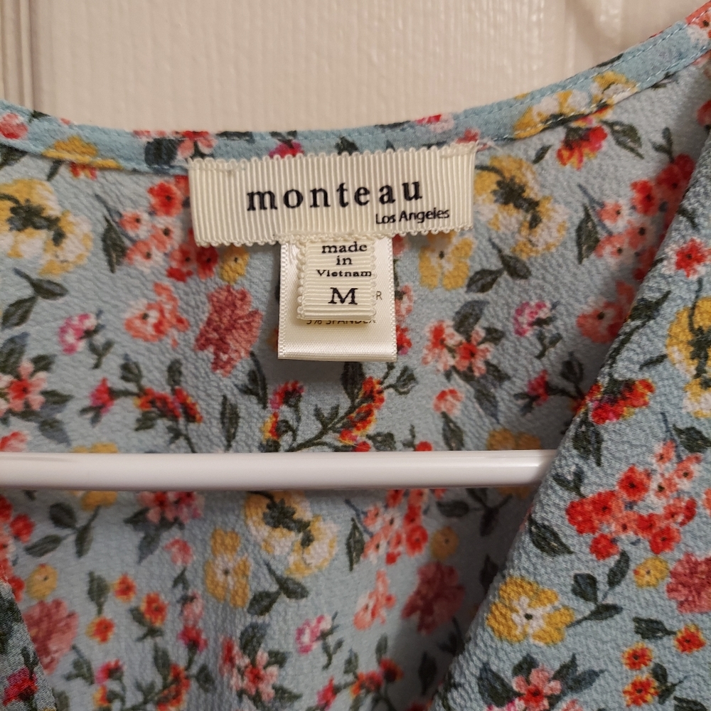 Women's Floral Blouse MONTEAU Short Sleeves Shirt Blue Pink Green Ruffled Sleeve - Picture 5 of 6